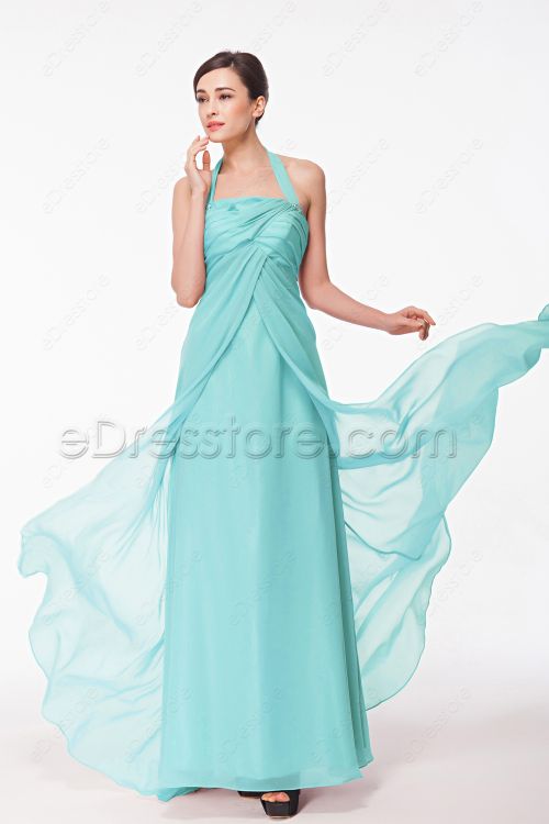 Halter Light Aqua Blue Long Prom Dress Empire Waist