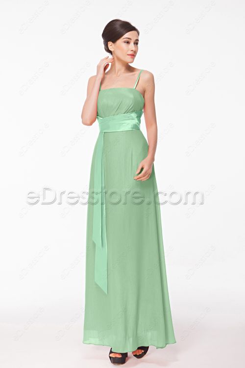 Spaghetti Straps Sage Green Bridesmaid Dresses Long