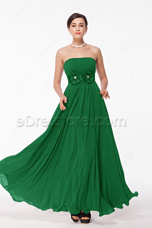 Strapless Emerald Green Formal Dress with Flowers