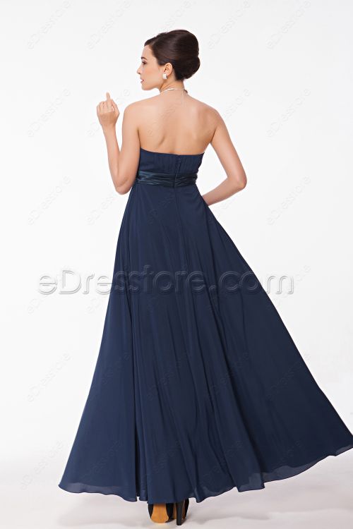 Strapless Navy Blue Long Prom Dresses
