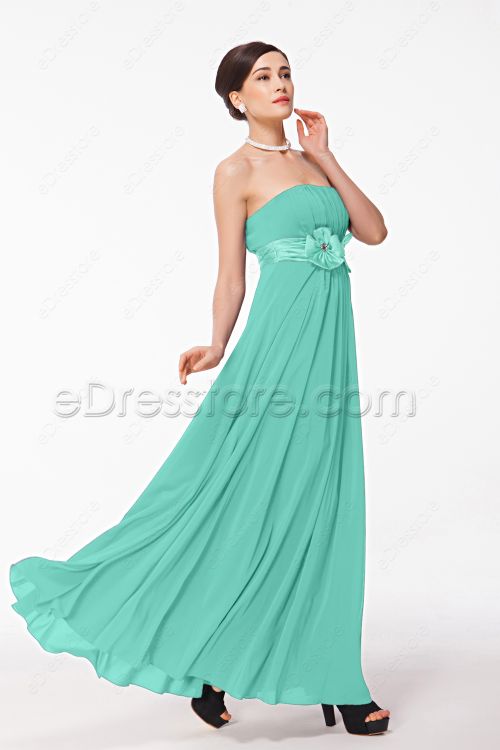 Mint Green Strapless Bridesmaid Dresses with Flowers