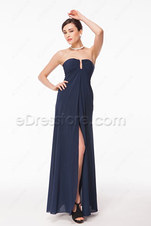 Notched Neck Navy Blue Slim Formal Dress with Slit