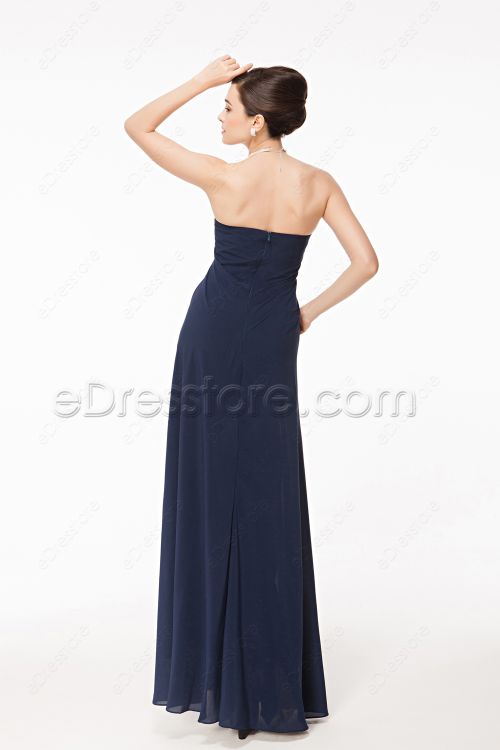 Notched Neck Navy Blue Slim Formal Dress with Slit