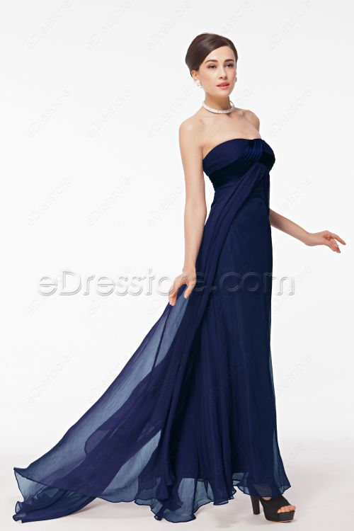 Strapless Navy Blue Prom Dresses Long with Train
