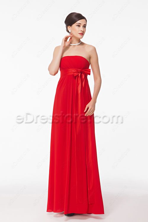 Strapless Red Long Prom Dresses Empire Waist