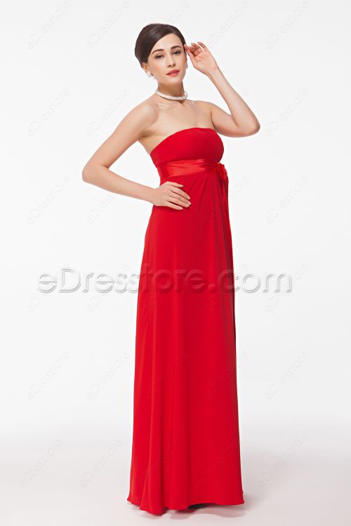 Strapless Red Long Prom Dresses Empire Waist