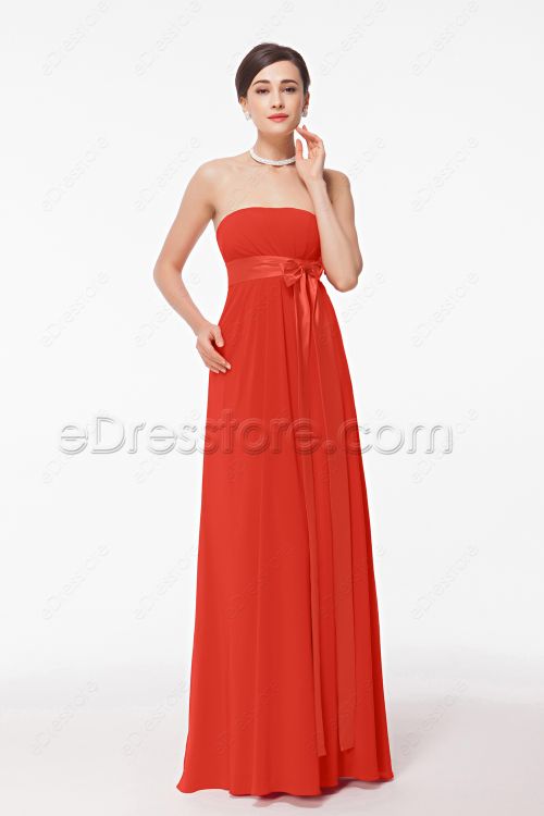Strapless Coral Pregnant Bridesmaid Dresses with Bow