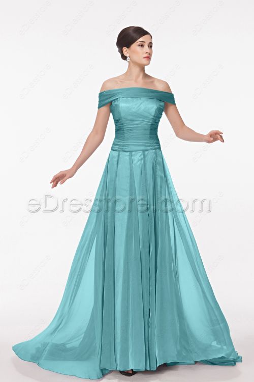 Off the Shoulder Green Long Prom Dresses with Train
