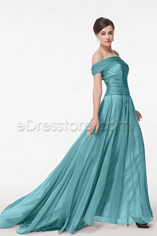 Off the Shoulder Green Long Prom Dresses with Train