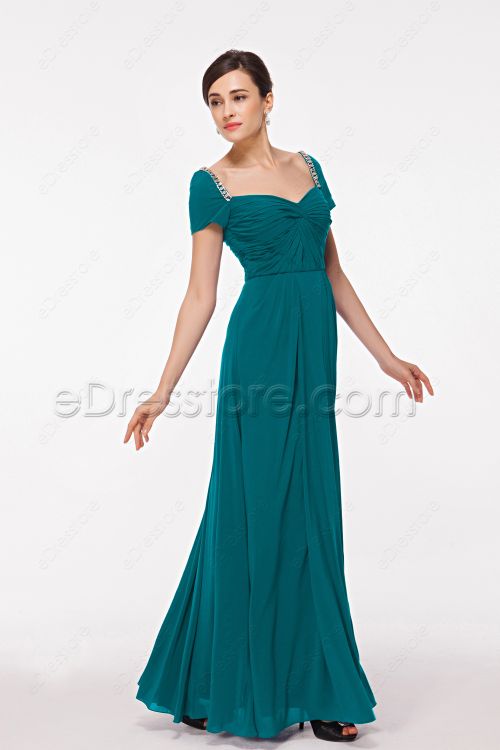 Modest Teal Prom Dresses with Sleeves