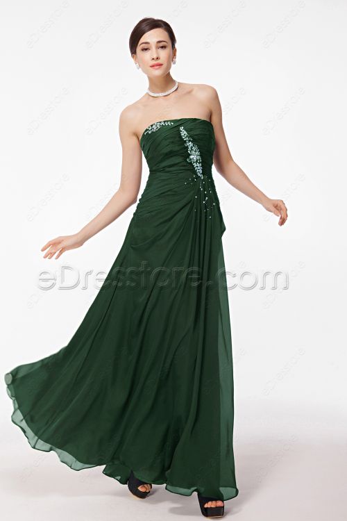 Strapless Crystal Beaded Forest Green Prom Dresses