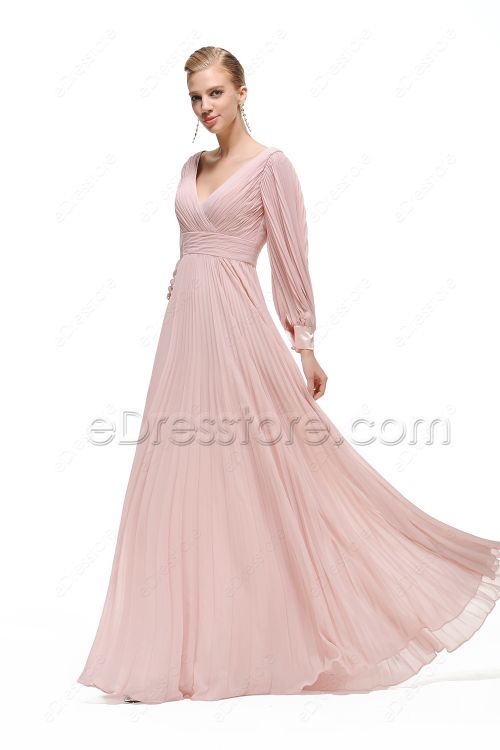 Dusty Pink Modest Bridesmaid Dresses Long Sleeves