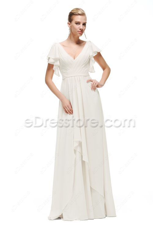 V Neck Chiffon Beach Wedding Dress with Sleeves