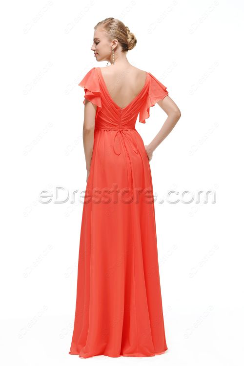 Coral Modest Bridesmaid Dresses with Sleeves Plus Size