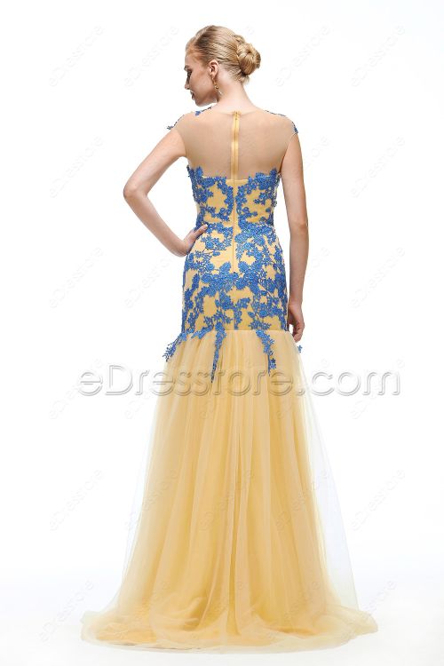 Modest Mermaid Gold Prom Dresses long Cap Sleeves with Blue Lace