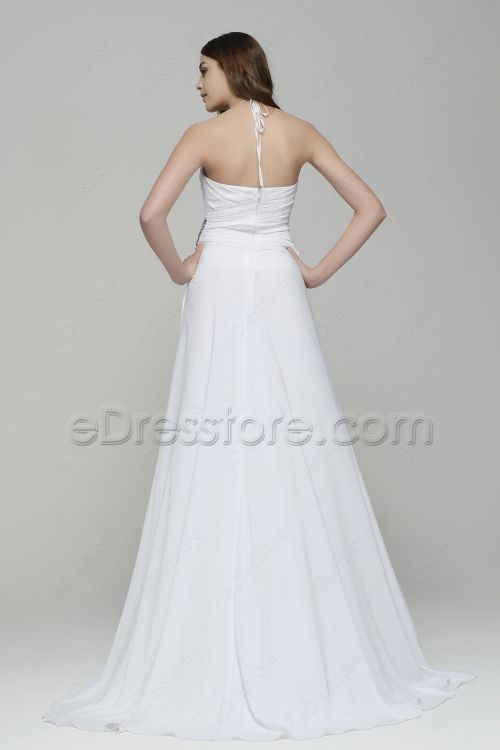 Halter Beaded Long White Prom Dresses with Slit