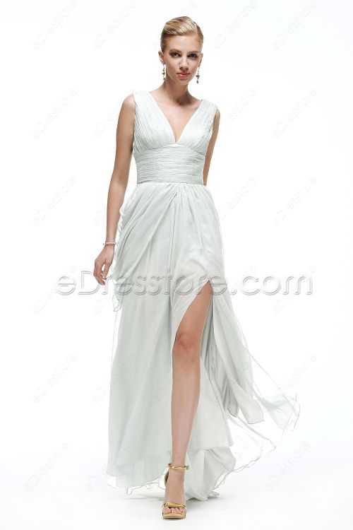 V Neck Chiffon Beach Wedding Dress with Slit and Watteau Train