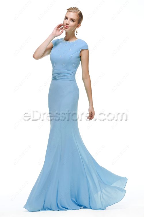 Mermaid Ice Blue Mermaid Modest Prom Dress Cap Sleeves
