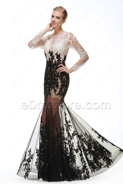 Black White Sparkly Prom Dresses Long Sleeves See Through