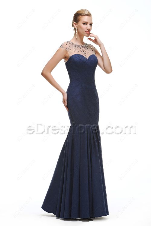 Crystals Modest Mermaid Navy Blue Prom Dresses long