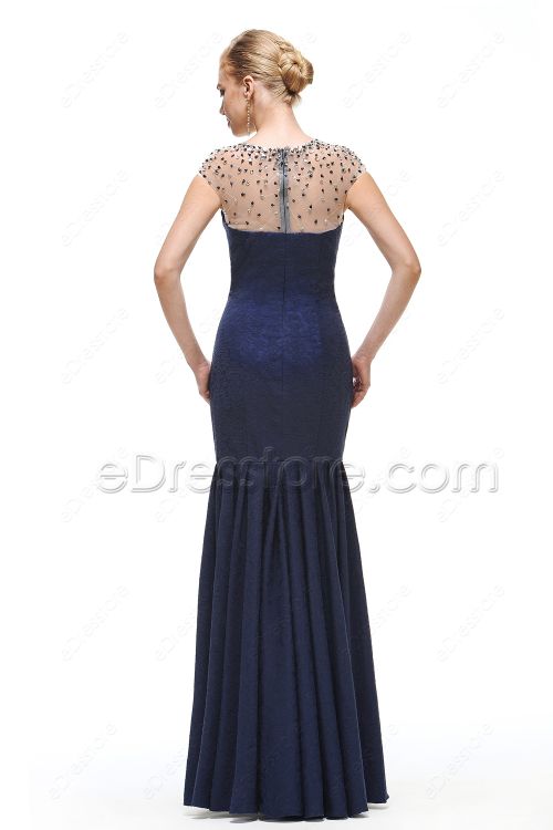 Crystals Modest Mermaid Navy Blue Prom Dresses long