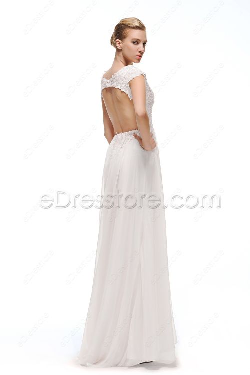 Cap Sleeves Chiffon Backless Wedding Dresses with Train