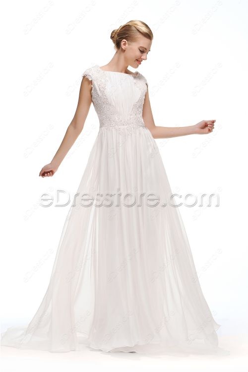 Cap Sleeves Chiffon Backless Wedding Dresses with Train
