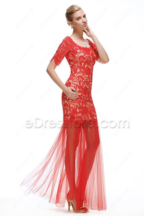 2 Piece Lace Red Prom Dress with Sleeves
