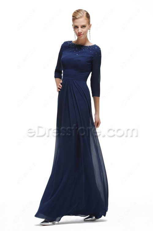 Navy Blue Modest Prom Dress with Sleeves Beaded Neckline