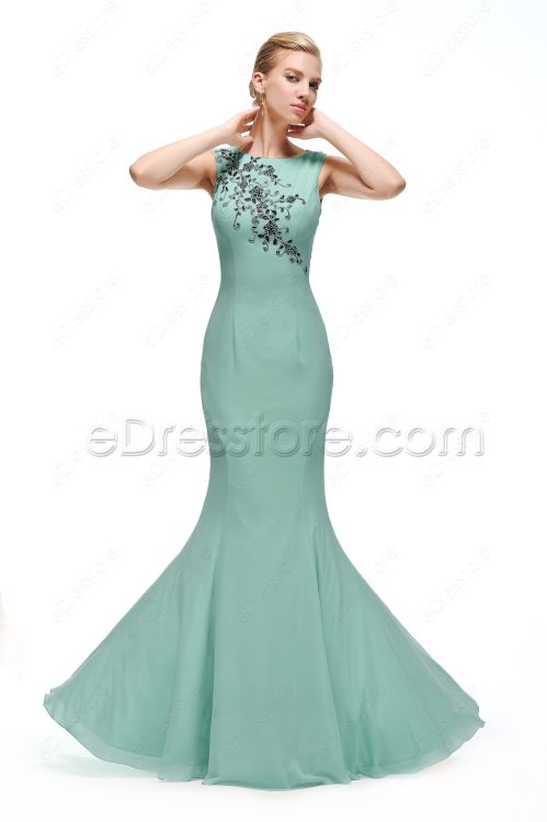 Mermaid Long Dusty Green Prom Dress with Black Lace