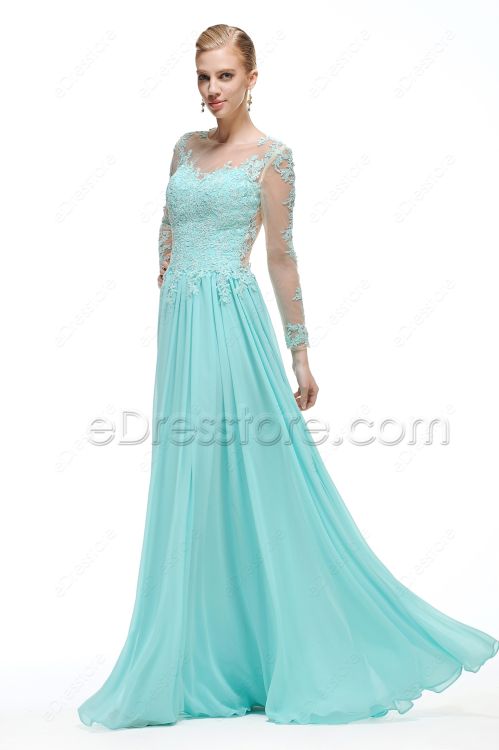 Light Blue Backless Lace Modest Prom Dress with Sleeves