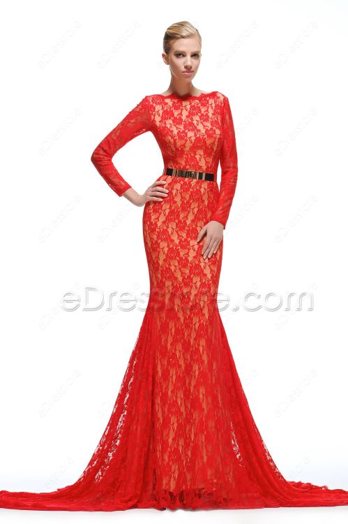 Mermaid Red Lace Prom Dress Long Sleeves