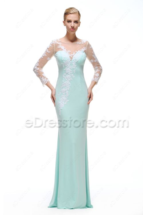 Mint Green Mermaid Backless Prom Dress Long Sleeves