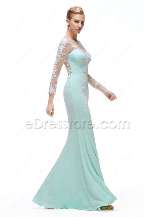 Mint Green Mermaid Backless Prom Dress Long Sleeves