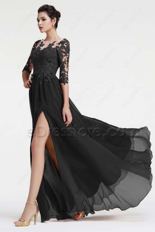 Black Long Sleeve Prom Dress with Slit