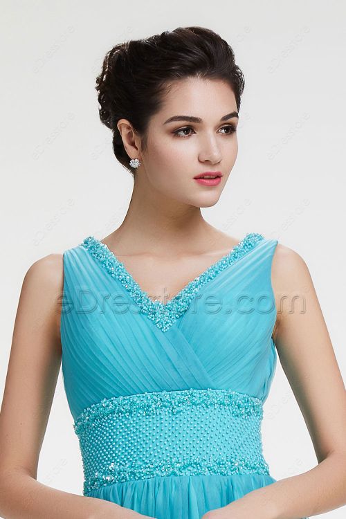 Beaded V Neck Blue Evening Dress Long Prom Dress Plus Size