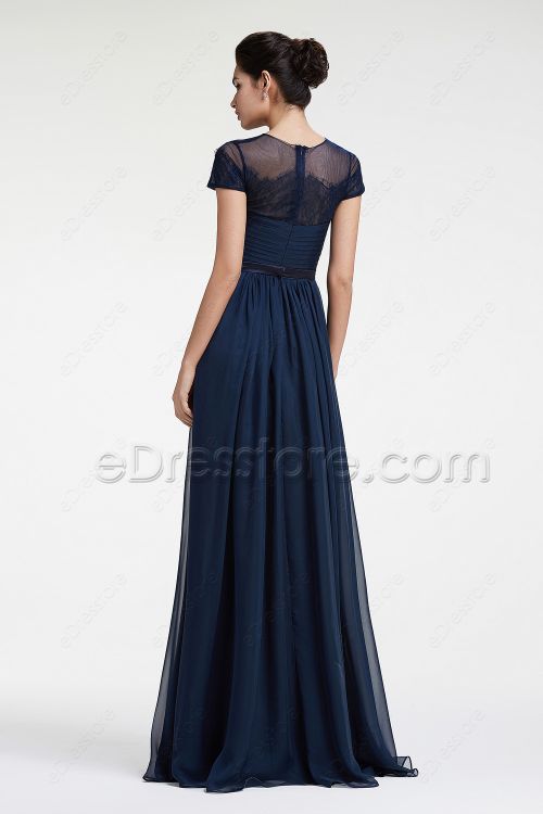 Modest Navy Blue Prom Dresses with Sleeves
