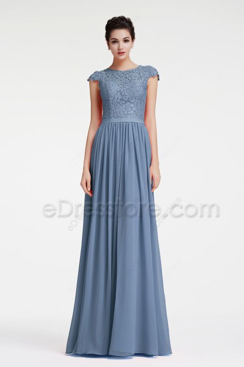 Modest Periwinkle Bridesmaid Dresses Lace Top with Sleeves