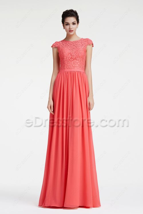 Modest Lace Coral Bridesmaid Dresses with Sleeves