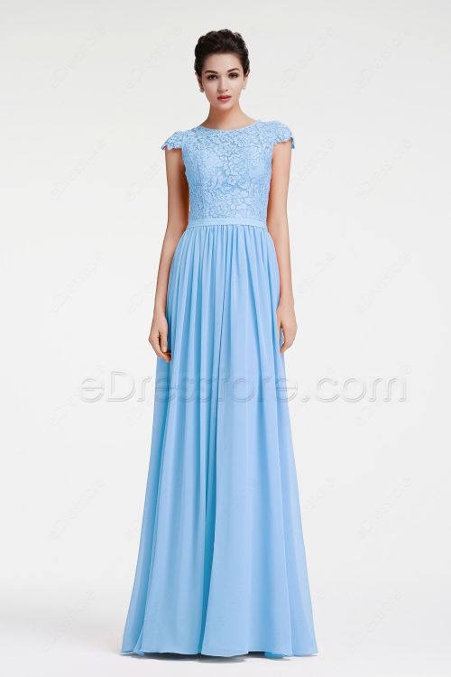 Modest Ice Blue Lace Prom Dress with Cap Sleeves