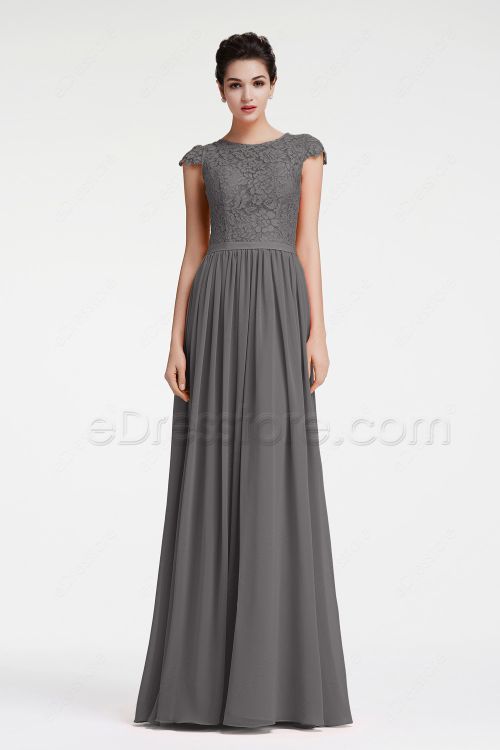Modest Charcoal Grey Bridesmaid Dresses Cap Sleeves