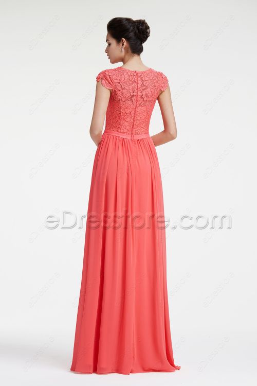 Lace Chiffon Modest Coral Bridesmaid Dresses Cap Sleeves