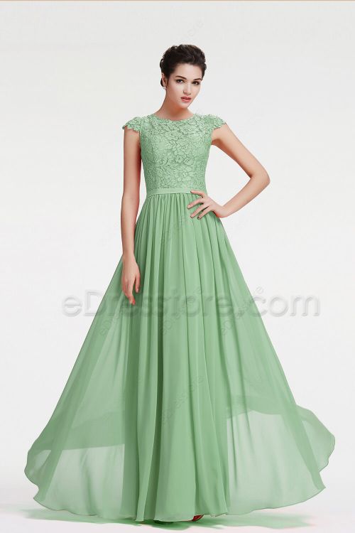 Sage Green Lace Chiffon Modest Bridesmaid Dresses Long