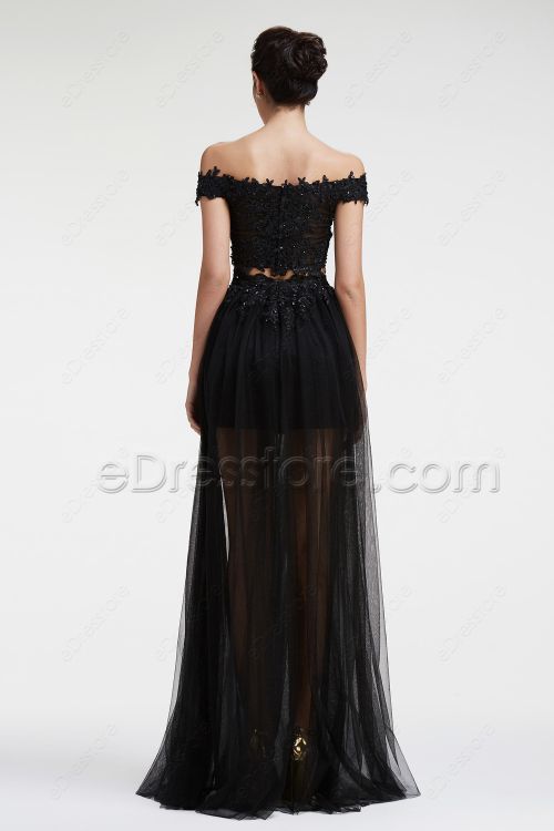 Black Lace Beaded Two Piece Prom Dresses Long