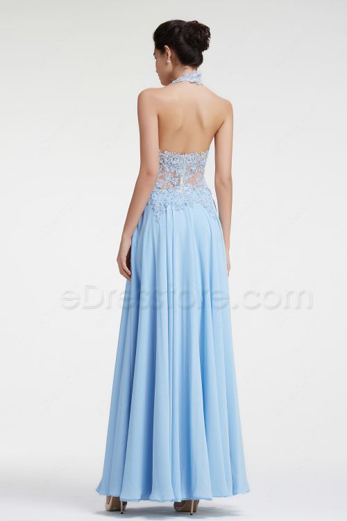 Ice Blue Halter See Through Lace Prom Dresses