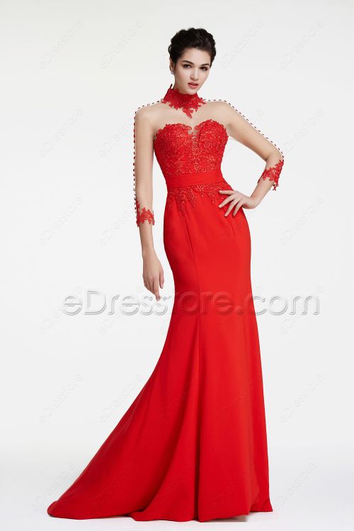 Red Mermaid Backless Prom Dresses with Buttons