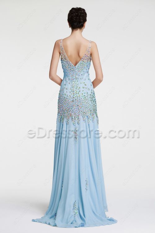 Light Blue Mermaid Crystal Evening Dresses Pageant Dress