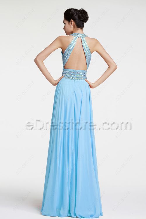 Light Blue Sparkly Backless Prom Dresses Long