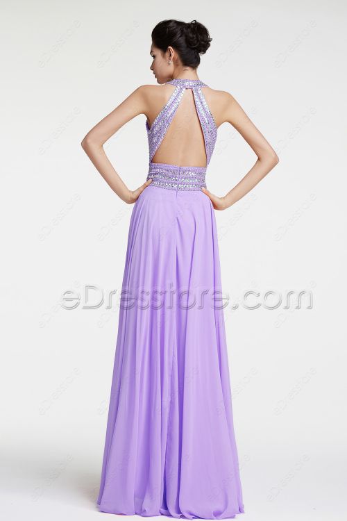 Lavender Backless Crystals Prom Dresses Long Evening Dresses