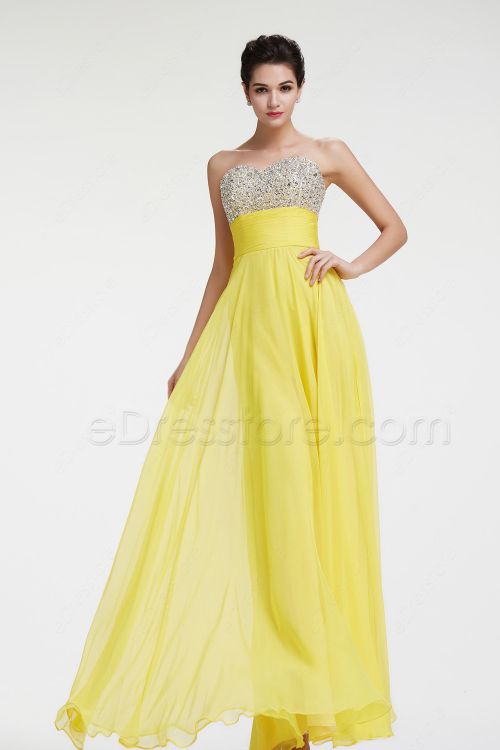 Yellow Beaded Sparkly Prom Dresses Flowing Pageant Dresses